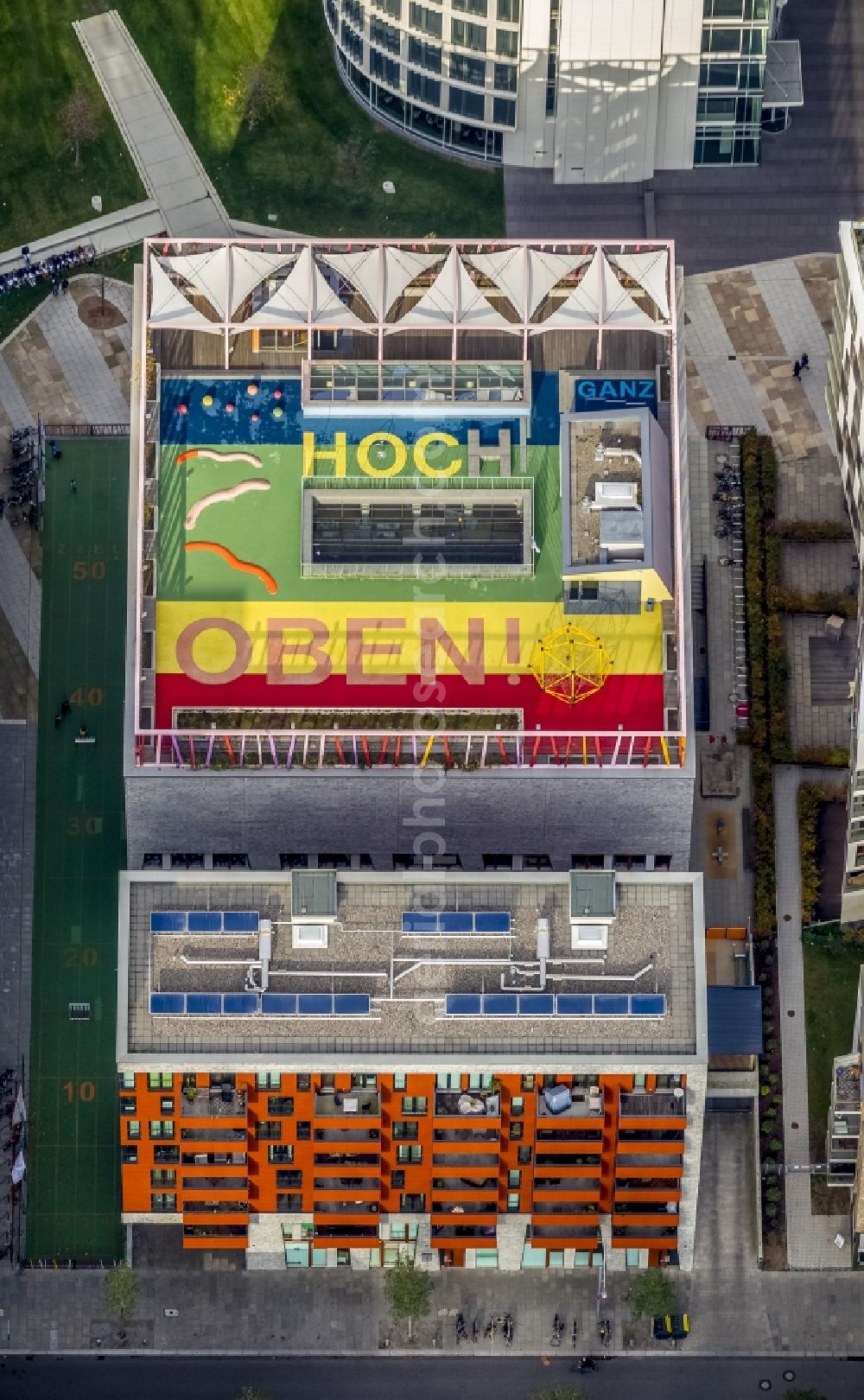 Hamburg from the bird's eye view: VERY HIGH ABOVE letters installation on the top floor of the school Katharinnenschule in HafenCity Hamburg