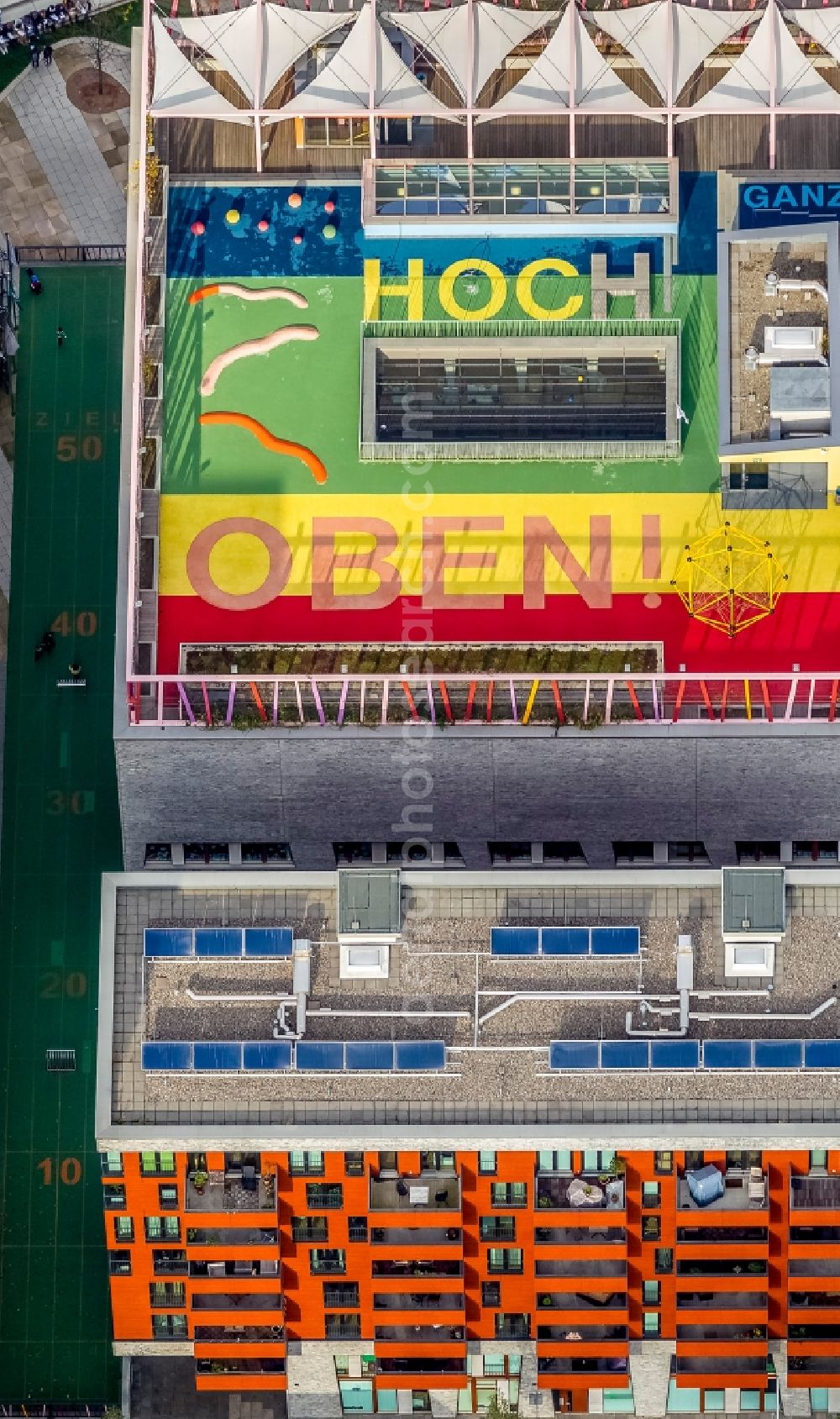 Aerial image Hamburg - VERY HIGH ABOVE letters installation on the top floor of the school Katharinnenschule in HafenCity Hamburg