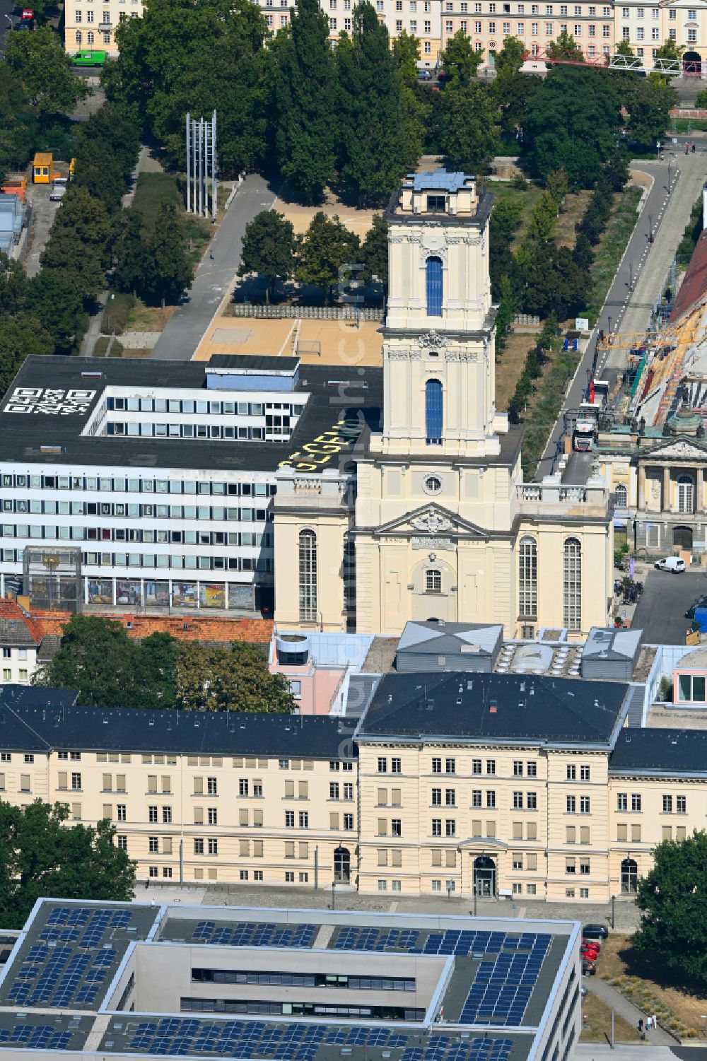 Potsdam from the bird's eye view: Tower of the Garrison Church Potsdam on Breite Strasse in Potsdam in the federal state of Brandenburg, Germany