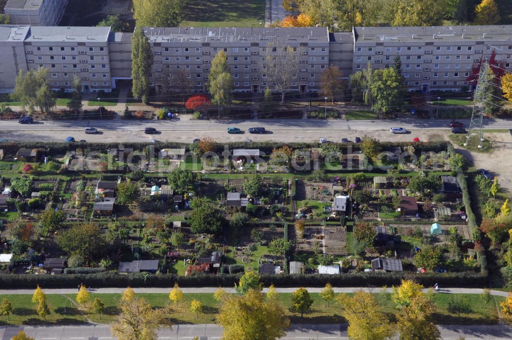 Aerial photograph Brandenburg - Blick auf eine Gartensiedlung im Neubaugebiet Brandenburg Nord. Auf diesem Gebiet enstanden die ersten Neubauten Ende der 50er bis Ende der 60er Jahre.