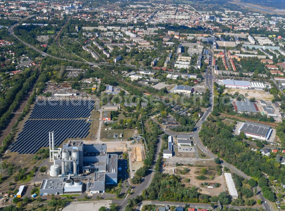 Cottbus from above - Extension construction site for gas conversion and conversion of the power plant systems and exhaust gas towers of the heating power plant in the district Dissenchen in Cottbus in the state Brandenburg, Germany