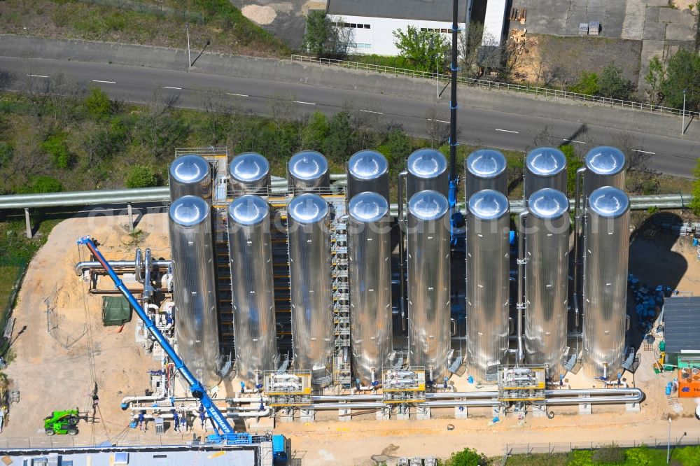 Aerial photograph Cottbus - Extension construction site for gas conversion and conversion of the power plant systems and exhaust gas towers of the heating power plant in the district Dissenchen in Cottbus in the state Brandenburg, Germany