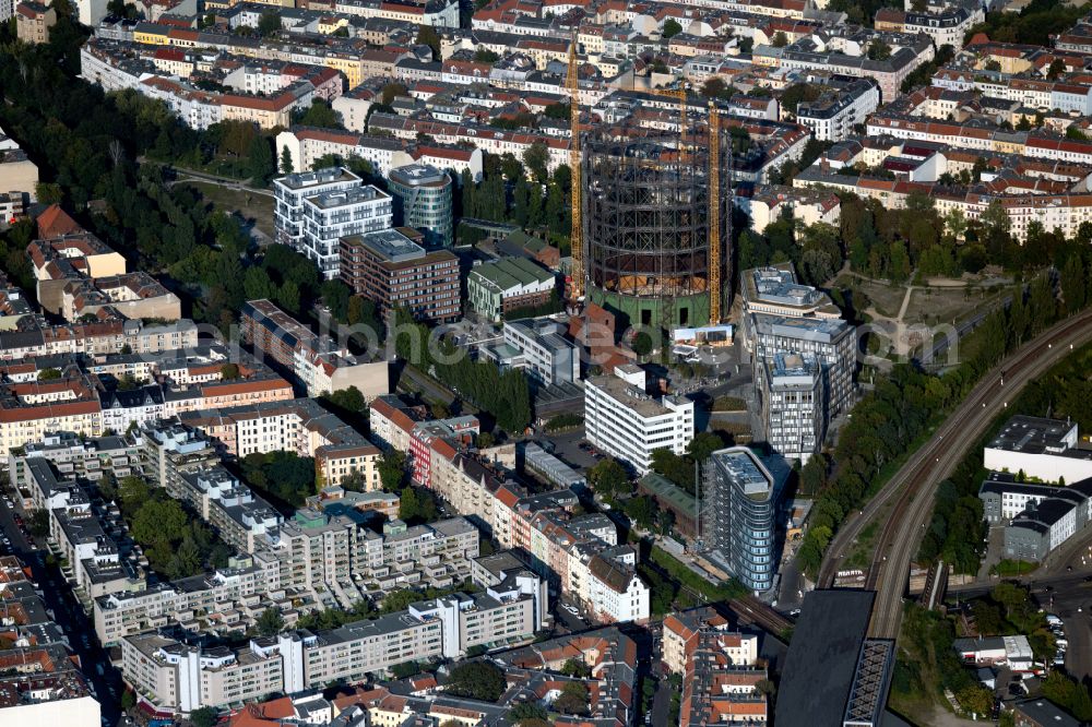 Aerial image Berlin - Gasometer high storage tank during conversion and renovation in the district Schoeneberg in Berlin, Germany