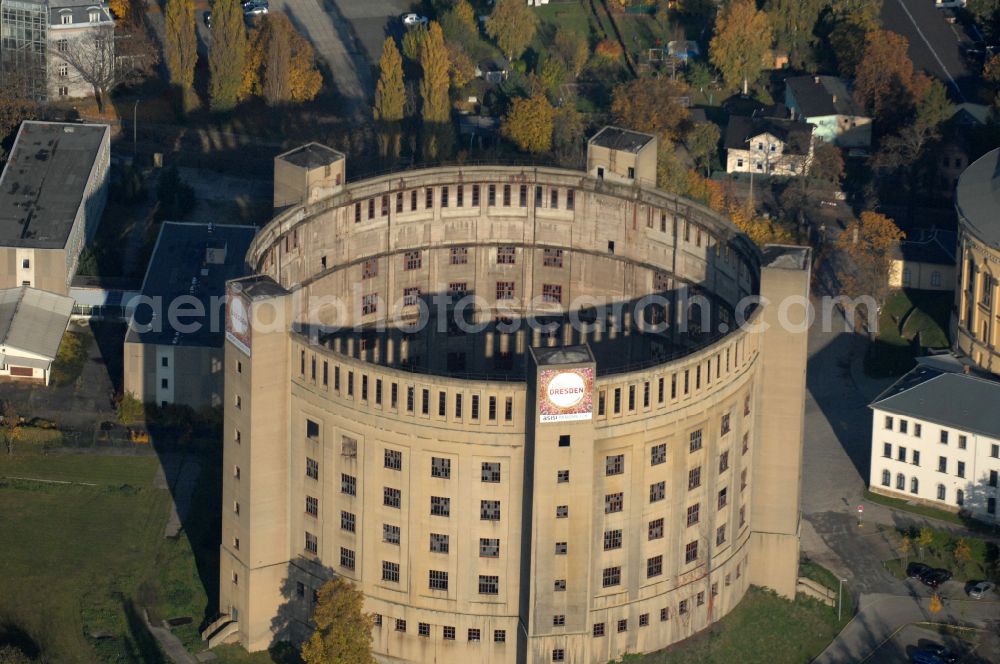 Dresden from above - Gasometer high storage tank on street Gasanstaltstrasse in the district Seidnitz in Dresden in the state Saxony, Germany