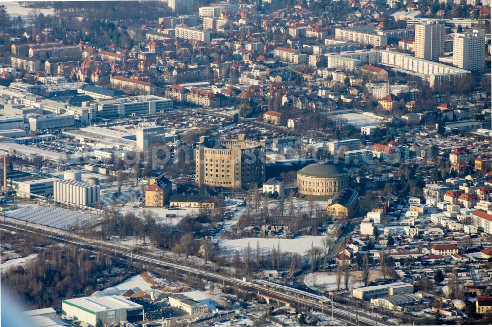 Dresden from the bird's eye view: Gasometer high storage tank on street Gasanstaltstrasse in the district Seidnitz in Dresden in the state Saxony, Germany