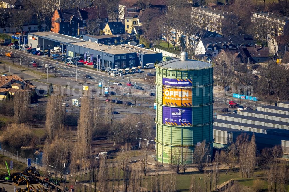 Herne from above - Gasometer high storage tank on Holsterhauser Strasse in Herne at Ruhrgebiet in the state North Rhine-Westphalia, Germany