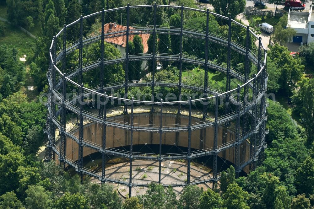 Berlin from above - Gasometer high storage tank on Mariendorfer Hafenweg in the district Tempelhof-Schoeneberg in Berlin, Germany