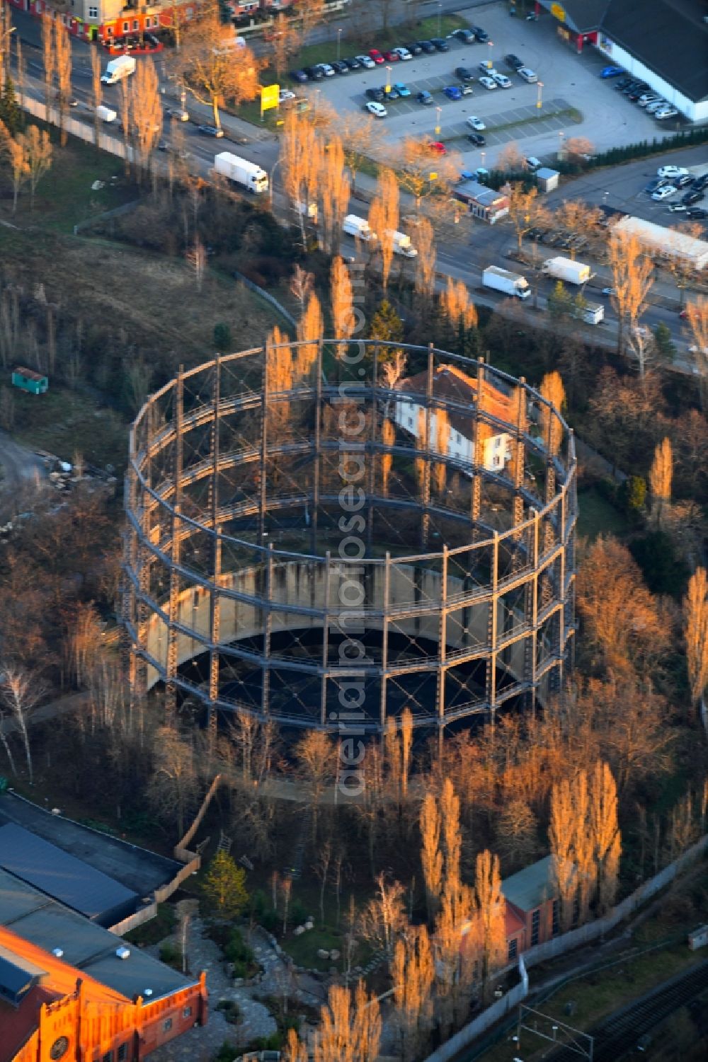 Berlin from above - Gasometer high storage tank on Mariendorfer Hafenweg in the district Tempelhof-Schoeneberg in Berlin, Germany