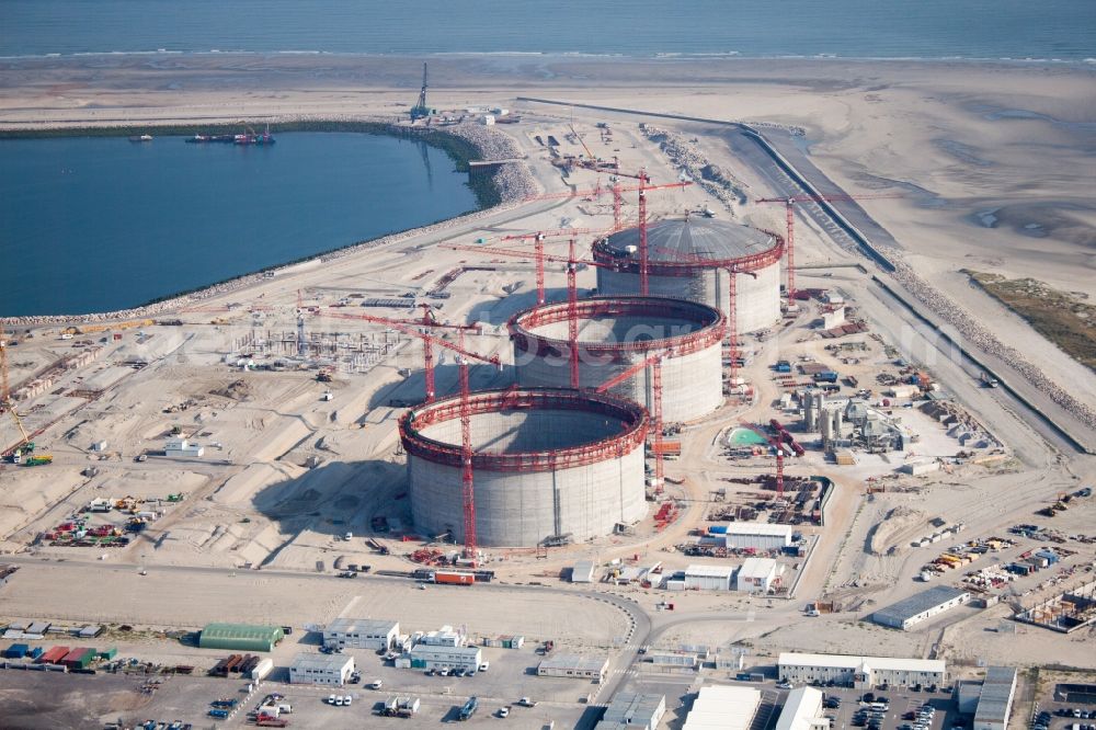 Loon-Plage from above - Gasometer high storage tank of the Terminal Methanier de Dunkerque in Loon-Plage in Hauts-de-France, France