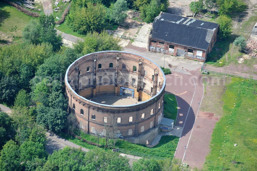 Halle / Saale from above - View of the old gas storage at the Holzplatz in Halle. The plan is the renovation and reuse for cultural events