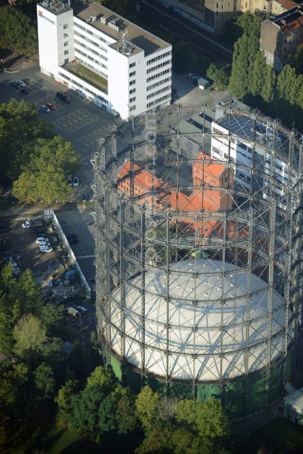 Berlin from above - Building the indoor arena Gasometer Schoeneberg on EUREF-Campus in Berlin in Germany