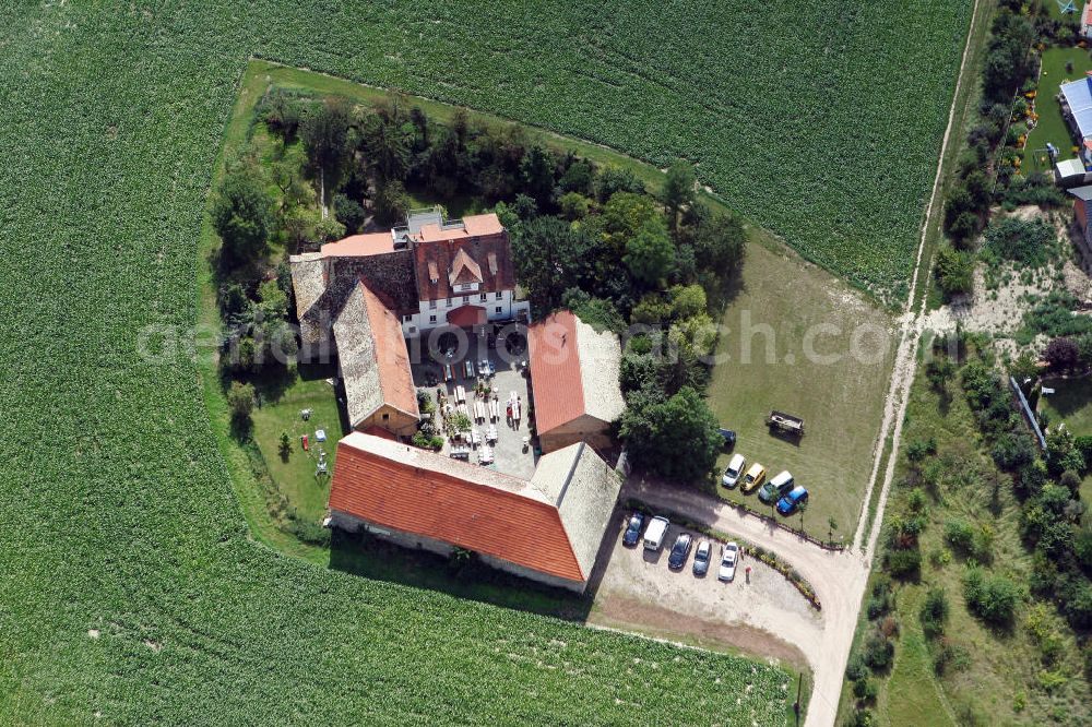 Gau-Odernheim from the bird's eye view: Blick auf das Gasthaus Königsmühle nahe der Wormer Straße in Gau-Odernheim in Rheinland-Pfalz. Die Königsmühle ist ein liebevoll restauriertes historisches Anwesen, welches vor allem durch Veranstaltungen und durch Verkostungen von Weinraritäten bekannt ist. View to the restaurant Königsmühle in the village Gau-Odernheim in Rhineland-Palastinate.