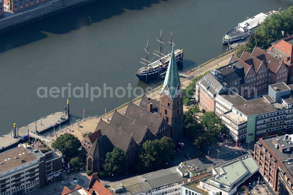 Bremen from above - Restaurant ship Pannekoekschip Admiral Nelson in Bremen in Germany. The historic sailing ship is located at the Schlachte dock in front of the historic town centre of Bremen