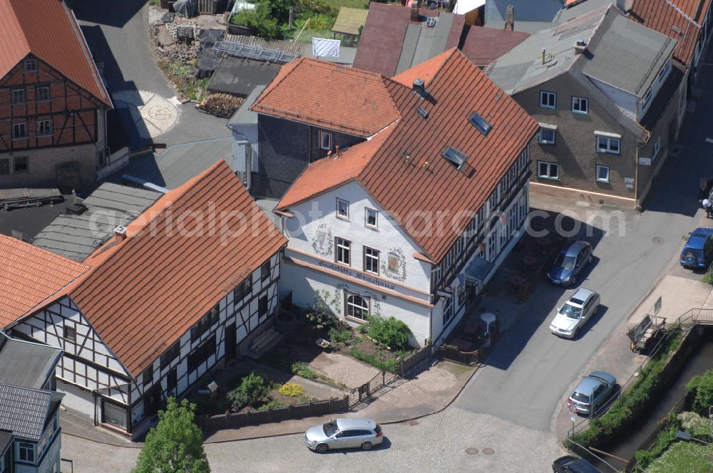 Friedrichroda from above - Blick auf die Gaststätte und den Gasthof Brauhaus am Fuße des Finsterberger Weg an der Bachstrasse 14 in 99894 Friedrichroda. View of the restaurant Brauhaus in Friedrichroda.