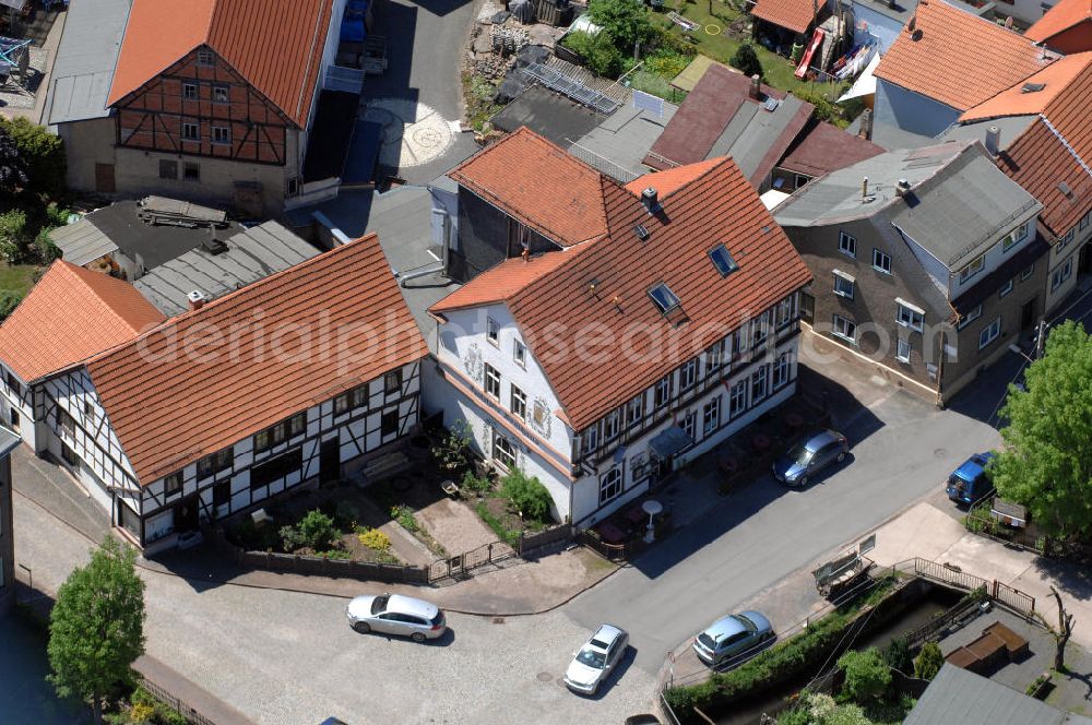 Aerial image Friedrichroda - Blick auf die Gaststätte und den Gasthof Brauhaus am Fuße des Finsterberger Weg an der Bachstrasse 14 in 99894 Friedrichroda. View of the restaurant Brauhaus in Friedrichroda.