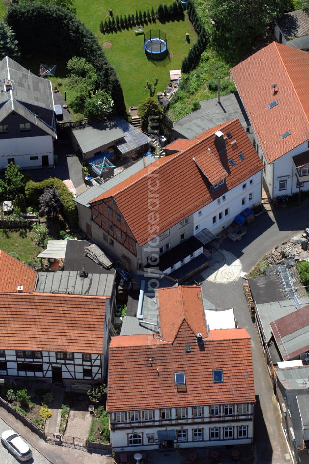 Friedrichroda from above - Blick auf die Gaststätte und den Gasthof Brauhaus am Fuße des Finsterberger Weg an der Bachstrasse 14 in 99894 Friedrichroda. View of the restaurant Brauhaus in Friedrichroda.