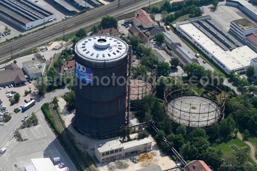 Augsburg from the bird's eye view: Gasometer high storage tank in the district Oberhausen in Augsburg in the state Bavaria