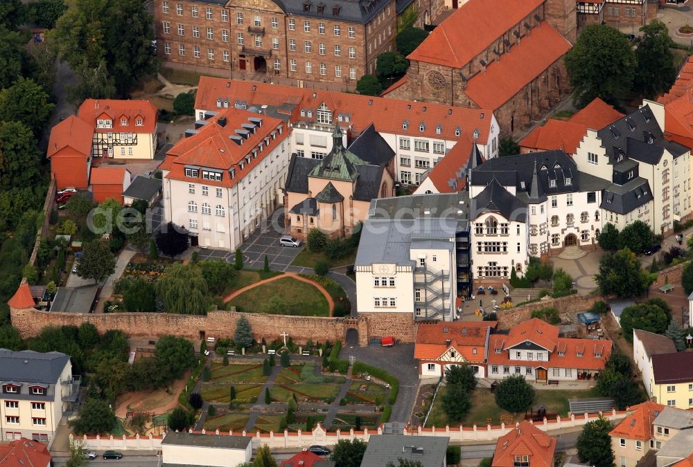 Heilbad Heiligenstadt from above - District Office Eichsfeld, the mountain monastery Heiligenstadt and the Catholic grammar school at the place Friedensplatz in Heilbad Heiligenstadt in Thuringia