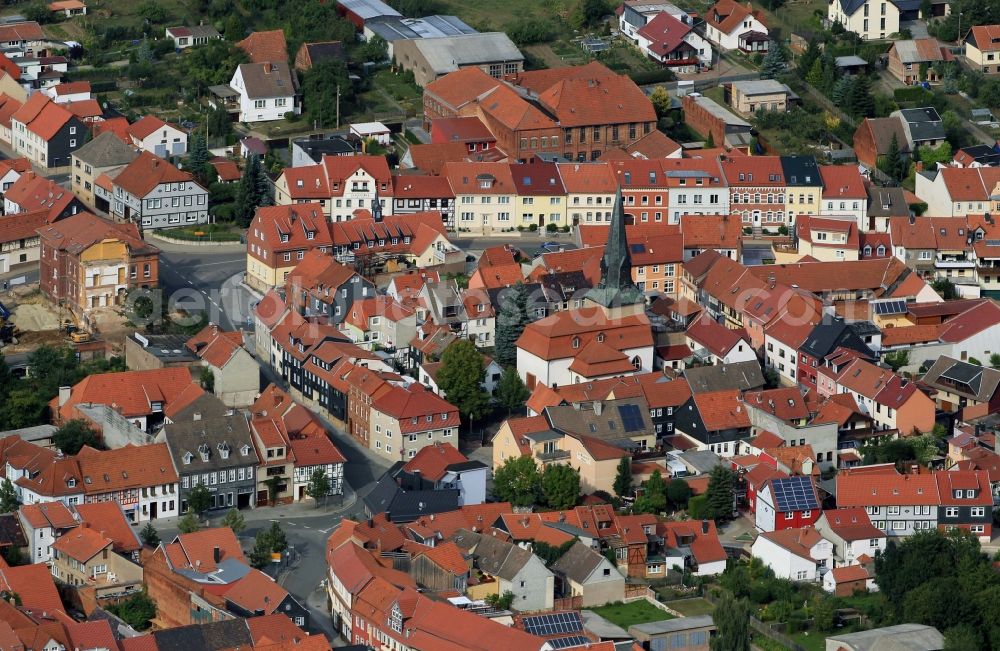 Dingelstädt from the bird's eye view: Area around the street Silberhaeuser Strasse with the church Marienkirche in Dinkelstaedt in Thuringia