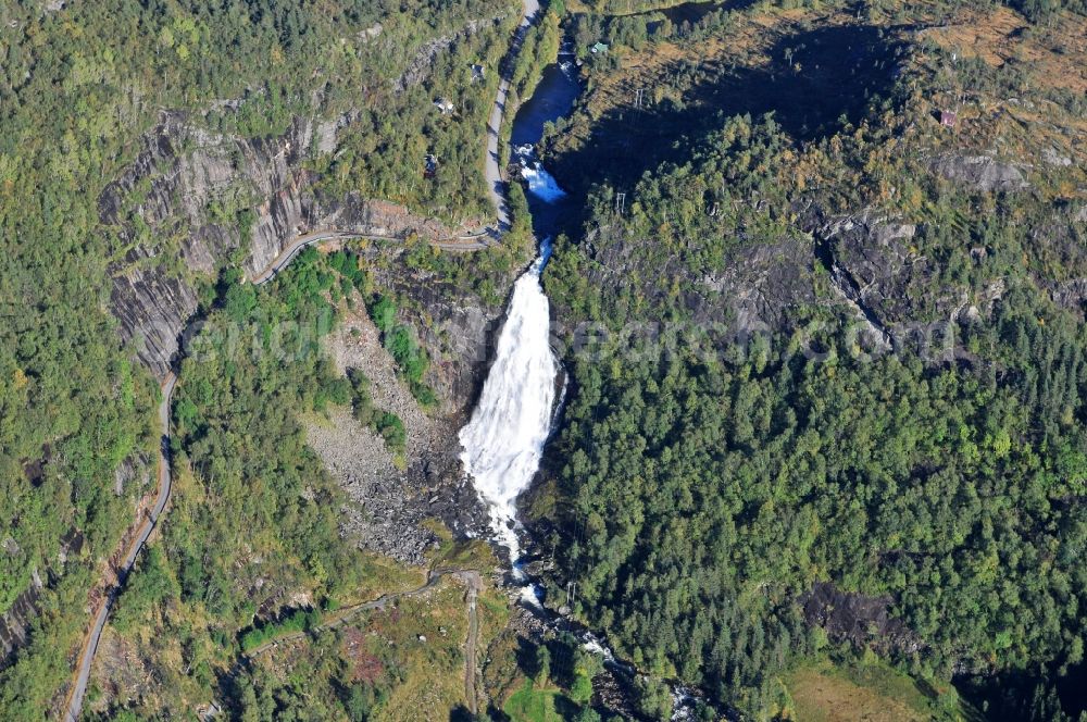 Tysse from above - View of Mountains of the fjord landscape in Tysse in Hordaland in Norway