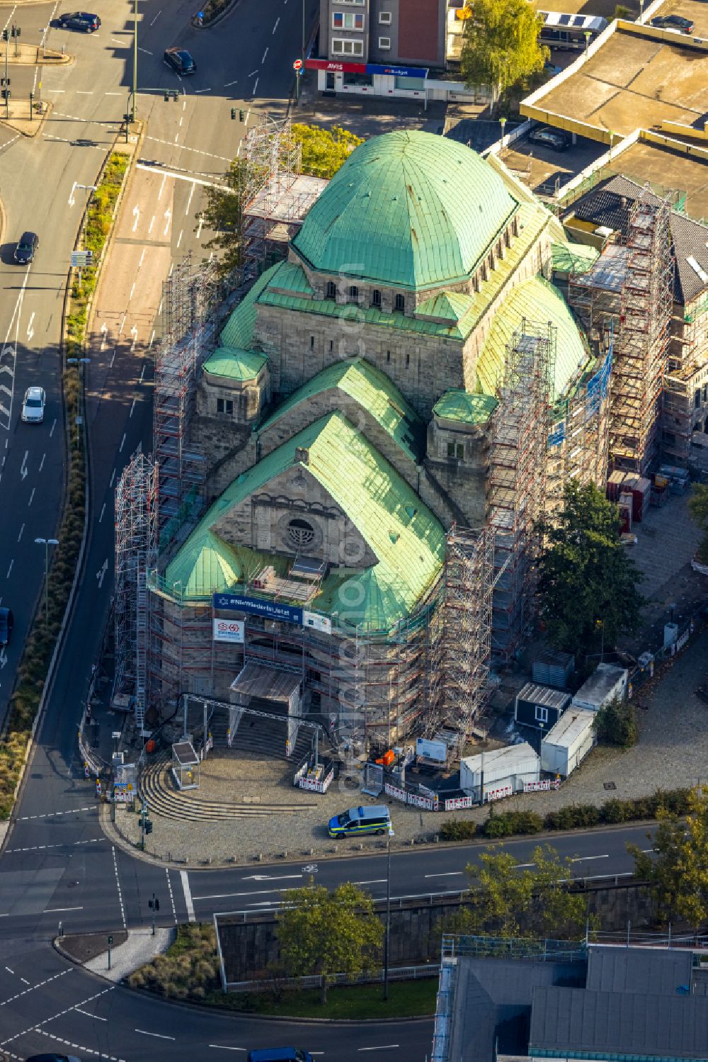 Essen from above - Building the Old Synagogue of the Jewish community at the Steeler street in Essen in North Rhine-Westphalia