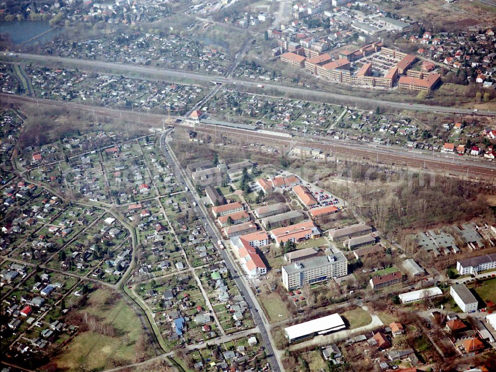 Berlin from the bird's eye view: Building the retirement home Die Albert Schweitzer Stiftung - Wohnen & Betreuen on street Bahnhofstrasse in the district Blankenburg in Berlin, Germany