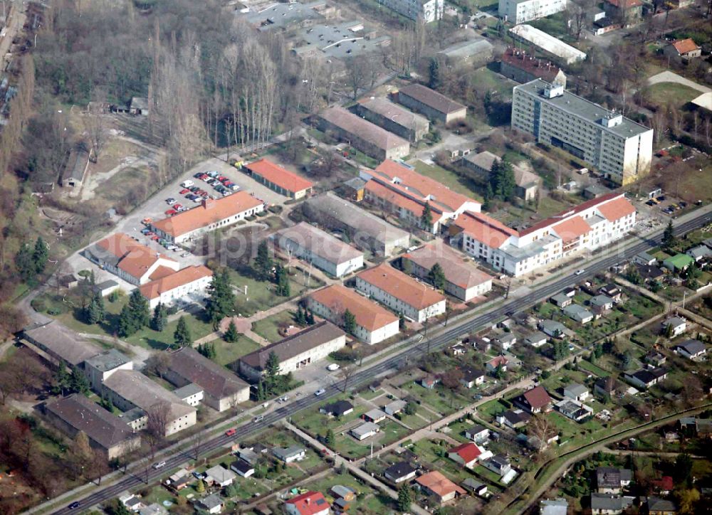 Aerial image Berlin - Building the retirement home Die Albert Schweitzer Stiftung - Wohnen & Betreuen on street Bahnhofstrasse in the district Blankenburg in Berlin, Germany