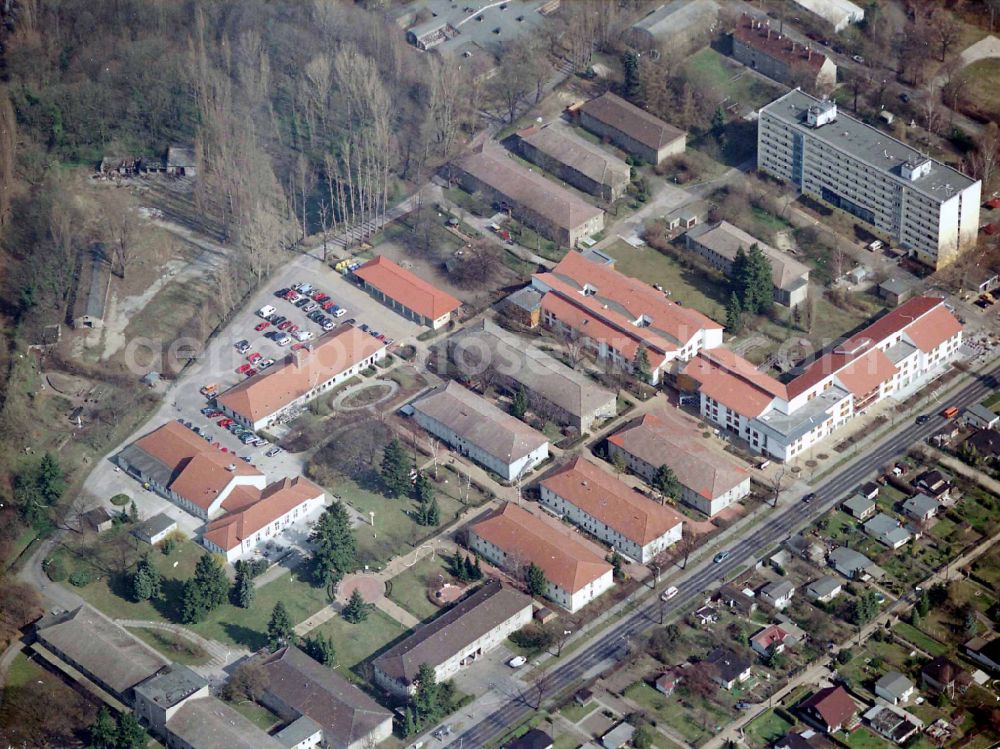 Berlin from above - Building the retirement home Die Albert Schweitzer Stiftung - Wohnen & Betreuen on street Bahnhofstrasse in the district Blankenburg in Berlin, Germany