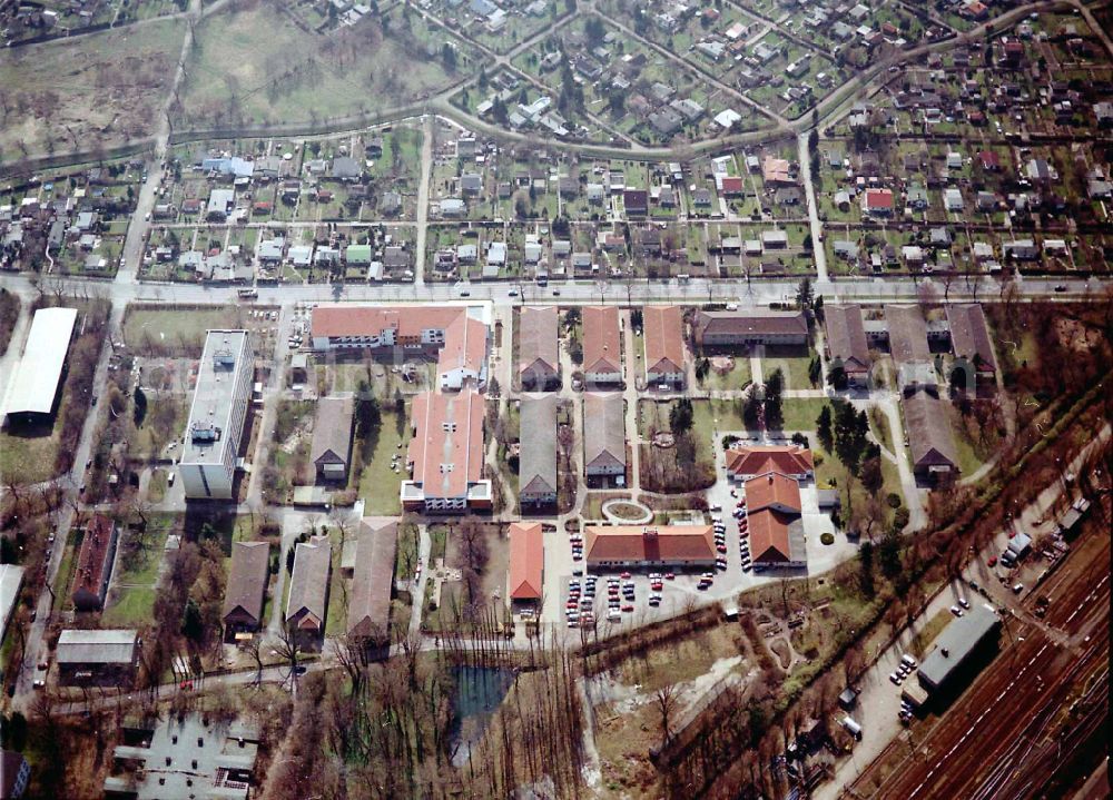 Berlin from above - Building the retirement home Die Albert Schweitzer Stiftung - Wohnen & Betreuen on street Bahnhofstrasse in the district Blankenburg in Berlin, Germany