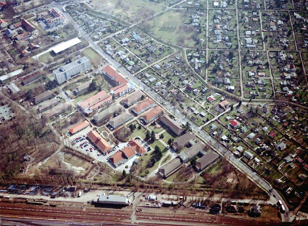 Berlin from the bird's eye view: Building the retirement home Die Albert Schweitzer Stiftung - Wohnen & Betreuen on street Bahnhofstrasse in the district Blankenburg in Berlin, Germany