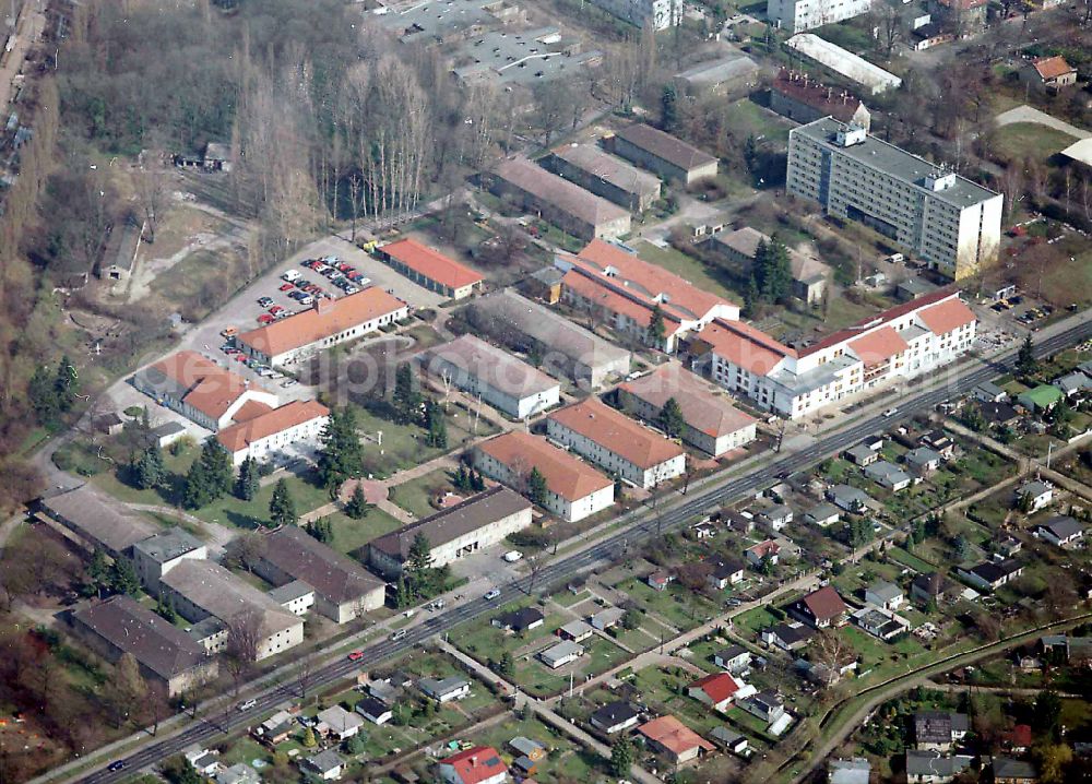 Berlin from the bird's eye view: Building the retirement home Die Albert Schweitzer Stiftung - Wohnen & Betreuen on street Bahnhofstrasse in the district Blankenburg in Berlin, Germany