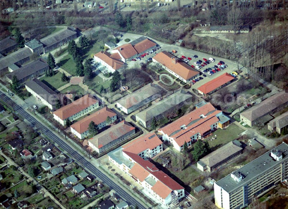 Berlin from above - Building the retirement home Die Albert Schweitzer Stiftung - Wohnen & Betreuen on street Bahnhofstrasse in the district Blankenburg in Berlin, Germany