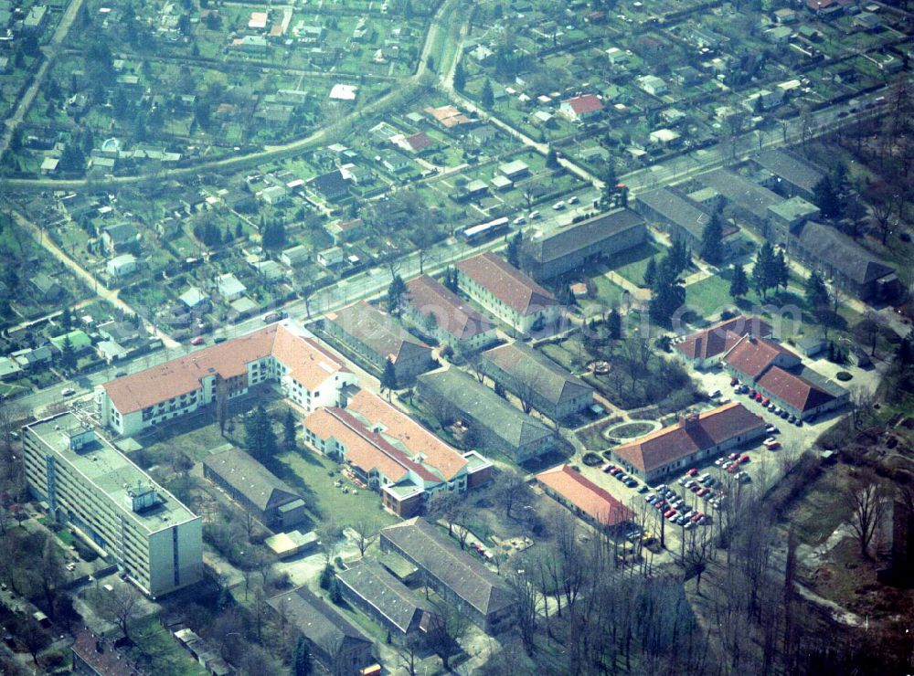 Berlin from above - Building the retirement home Die Albert Schweitzer Stiftung - Wohnen & Betreuen on street Bahnhofstrasse in the district Blankenburg in Berlin, Germany