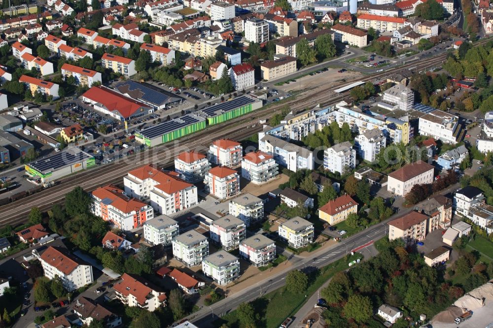 Aerial image Rheinfelden (Baden) - Buildings of the retirement home, Hospice Senterra and Care Center Rheingarten in Rheinfelden (Baden) in the state Baden-Wuerttemberg. On the right hand side the homes and commercial buildings in the Seidenweber area