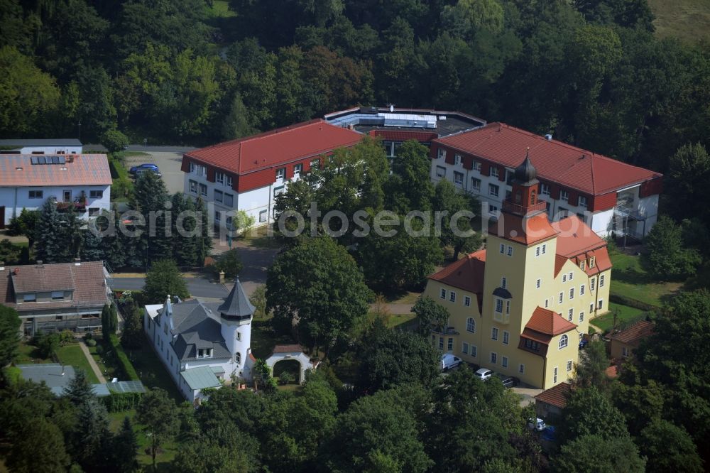 Glaubitz from above - Building of the retirement home Volkssolidaritaet Schlossresidenz Glaubitz GmbH in Glaubitz in the state Saxony. In this picture there is the old castle, which is the former nursing home and the new building