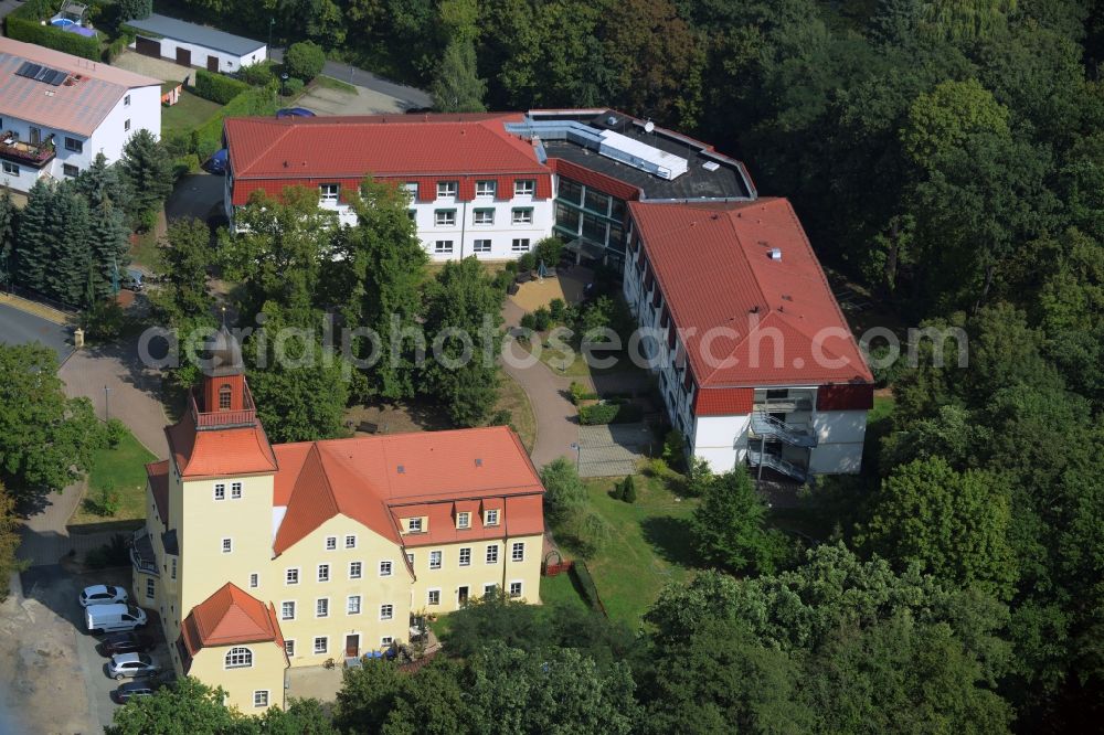 Glaubitz from above - Building of the retirement home Volkssolidaritaet Schlossresidenz Glaubitz GmbH in Glaubitz in the state Saxony. In this picture there is the old castle, which is the former nursing home and the new building