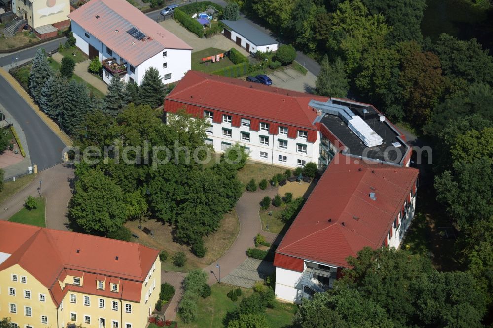 Aerial image Glaubitz - Building of the retirement home Volkssolidaritaet Schlossresidenz Glaubitz GmbH in Glaubitz in the state Saxony. In this picture there is the old castle, which is the former nursing home and the new building