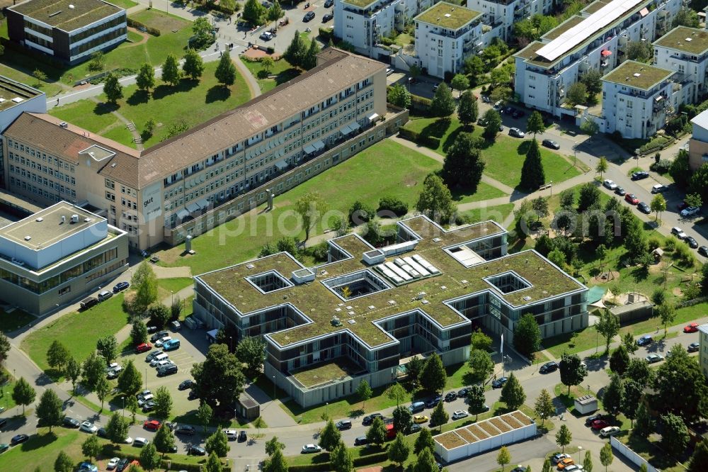 Aerial image Stuttgart - Building of the multi-generational home and living quarters of Anna Haag Mehrgenerationenhaus in the Bad Cannstatt part of Stuttgart in the state Baden-Wuerttemberg. The building includes care facilities for the elderly, a youth education centre and childcare and daycare facilities