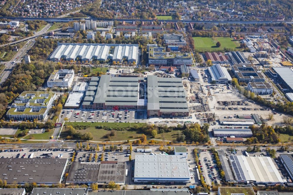 München from the bird's eye view: Building of the construction market of BAUHAUS Muenchen-Freimann on Maria-Probst-Strasse in the district Schwabing-Freimann in Munich in the state Bavaria, Germany