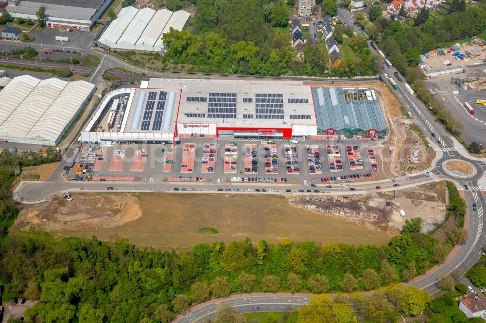 Bochum from above - Building of the construction market of Hagebaumarkt Ziesak on Hauptstrasse in Bochum in the state North Rhine-Westphalia