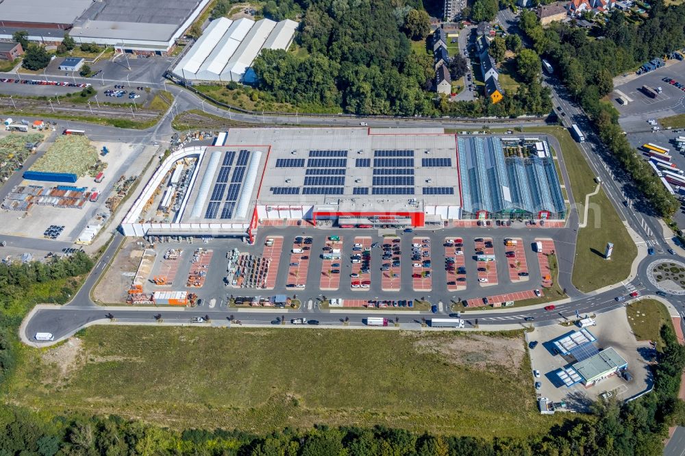 Aerial image Bochum - Building of the construction market Hagebaumarkt Ziesak in the Hauptstrasse in the district Bochum Ost in Bochum in the state North Rhine-Westphalia, Germany