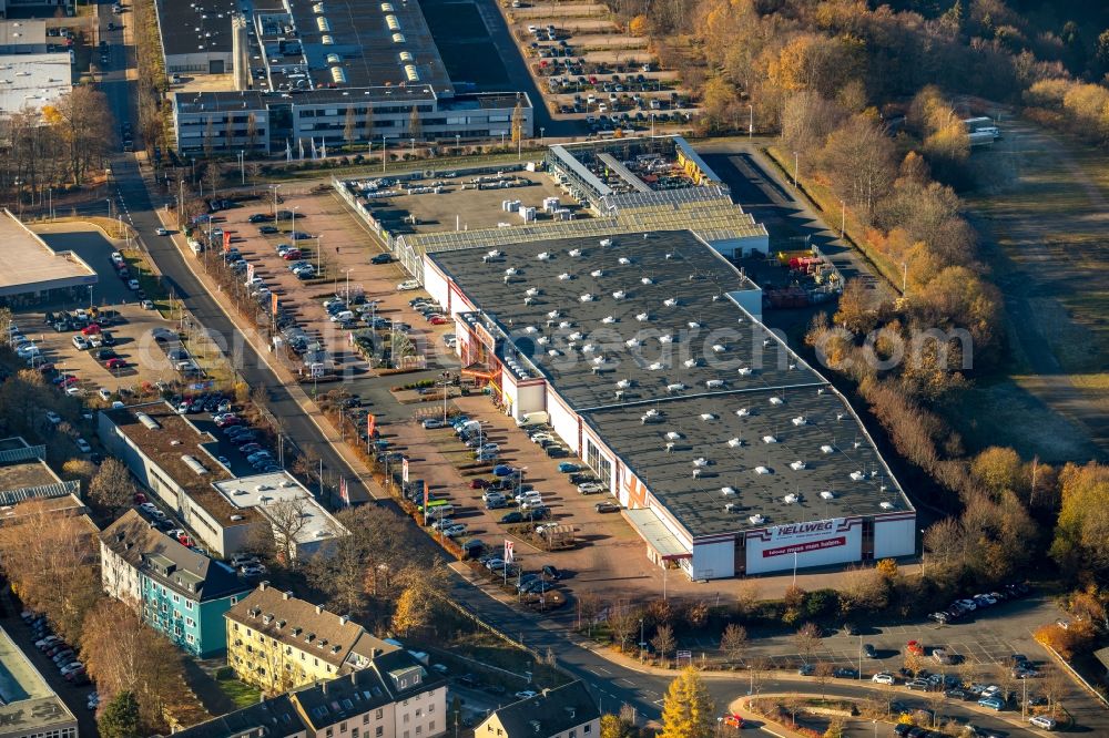 Aerial image Lüdenscheid - Building of the construction market HELLWEG - Die Profi-Baumaerkte GmbH & Co. KG Hohe Steinert in Luedenscheid in the state North Rhine-Westphalia, Germany