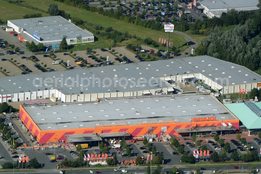 Bremerhaven from above - Building of the construction market of Hornbach in Bremerhaven in the state of Bremen. The store is located in the commercial area of Lune Park