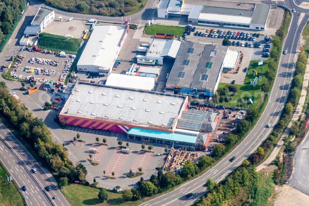 Aerial photograph Sinsheim - Building of the construction market Hornbach in Sinsheim in the state Baden-Wurttemberg, Germany