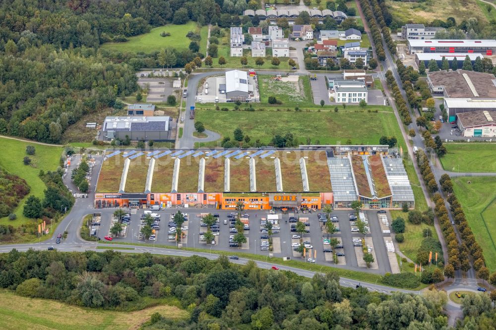 Aerial image Hamm - Building of the construction market Obi on street Sachsenweg in the district Heessen in Hamm at Ruhrgebiet in the state North Rhine-Westphalia, Germany