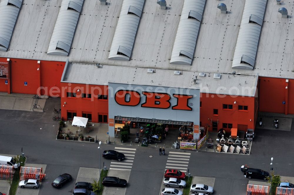 Bernau from above - Building of the construction market OBI on J.-F.-A Johann-Friedrich-A.-Borsig-Strasse in Bernau in the state Brandenburg, Germany