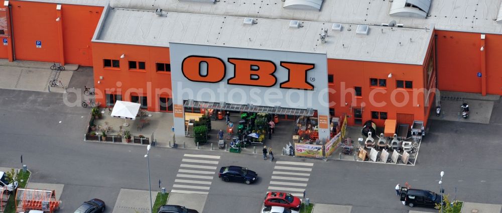 Aerial image Bernau - Building of the construction market OBI on J.-F.-A Johann-Friedrich-A.-Borsig-Strasse in Bernau in the state Brandenburg, Germany