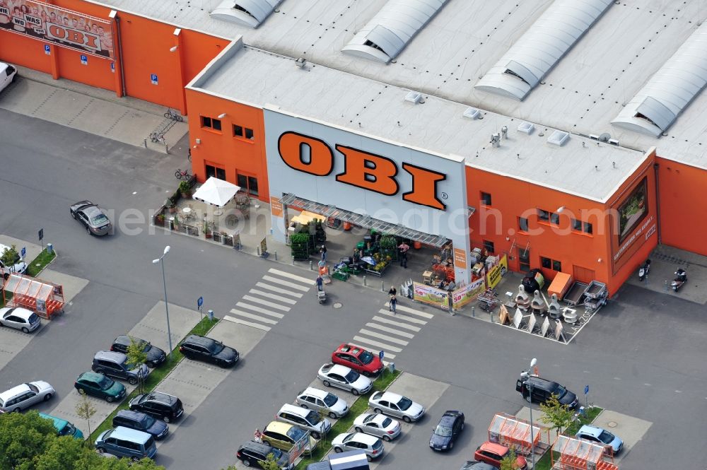 Bernau from above - Building of the construction market OBI on J.-F.-A Johann-Friedrich-A.-Borsig-Strasse in Bernau in the state Brandenburg, Germany