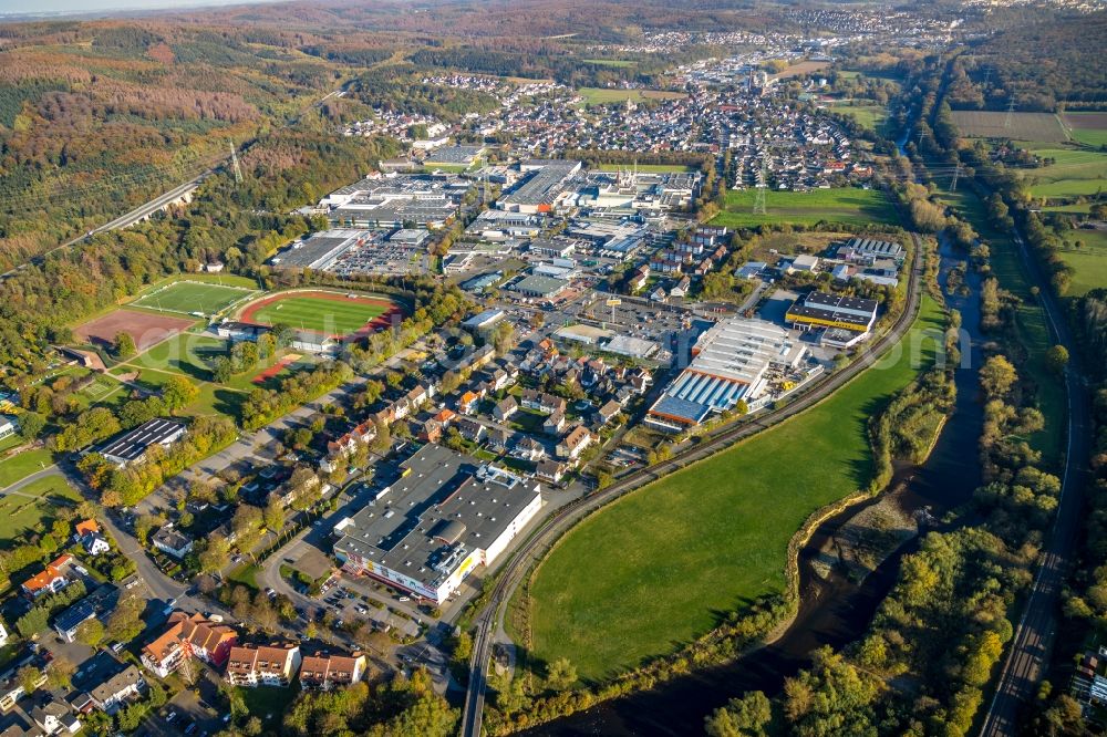 Arnsberg from above - Building of the construction market OBI Markt Arnsberg on Arnsberger Strasse in Arnsberg in the state North Rhine-Westphalia, Germany