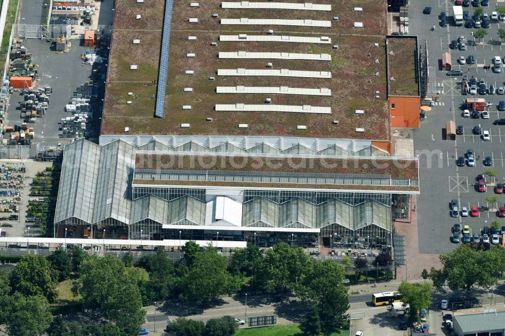 Berlin from above - Building of the construction market of OBI Markt Berlin-Neukoelln on Naumburger Strasse in the district Neukoelln in Berlin, Germany